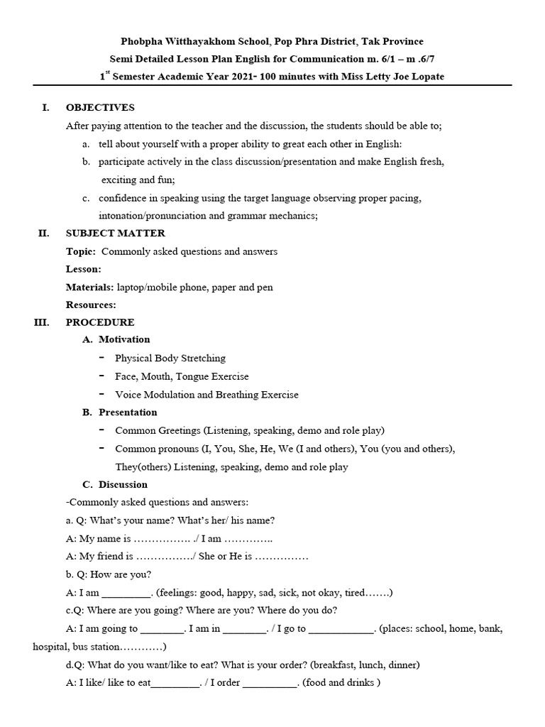 English Communication Lesson Plan for M.6 | PDF | Cognition | Human ...