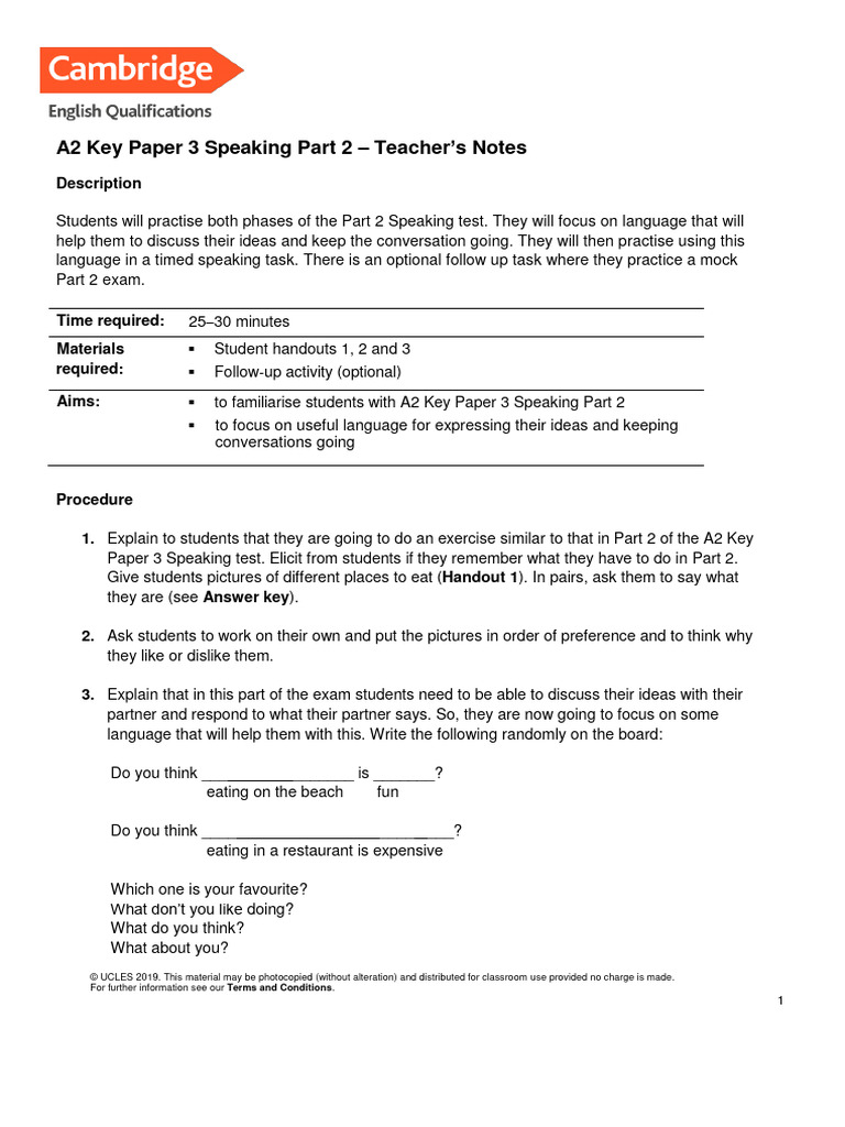 563254 A2 Key Speaking Part 2 Pdf Human Communication Cognition