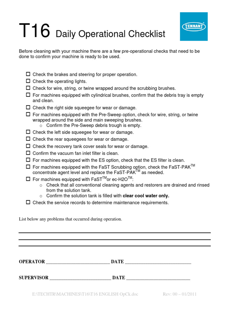 T16 Daily Operational Checklist | PDF