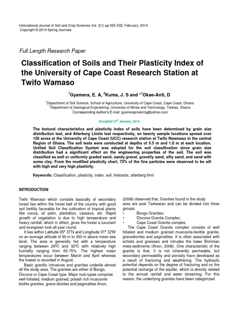 Classification of Soils and Their Plasticity Index of The University of ...