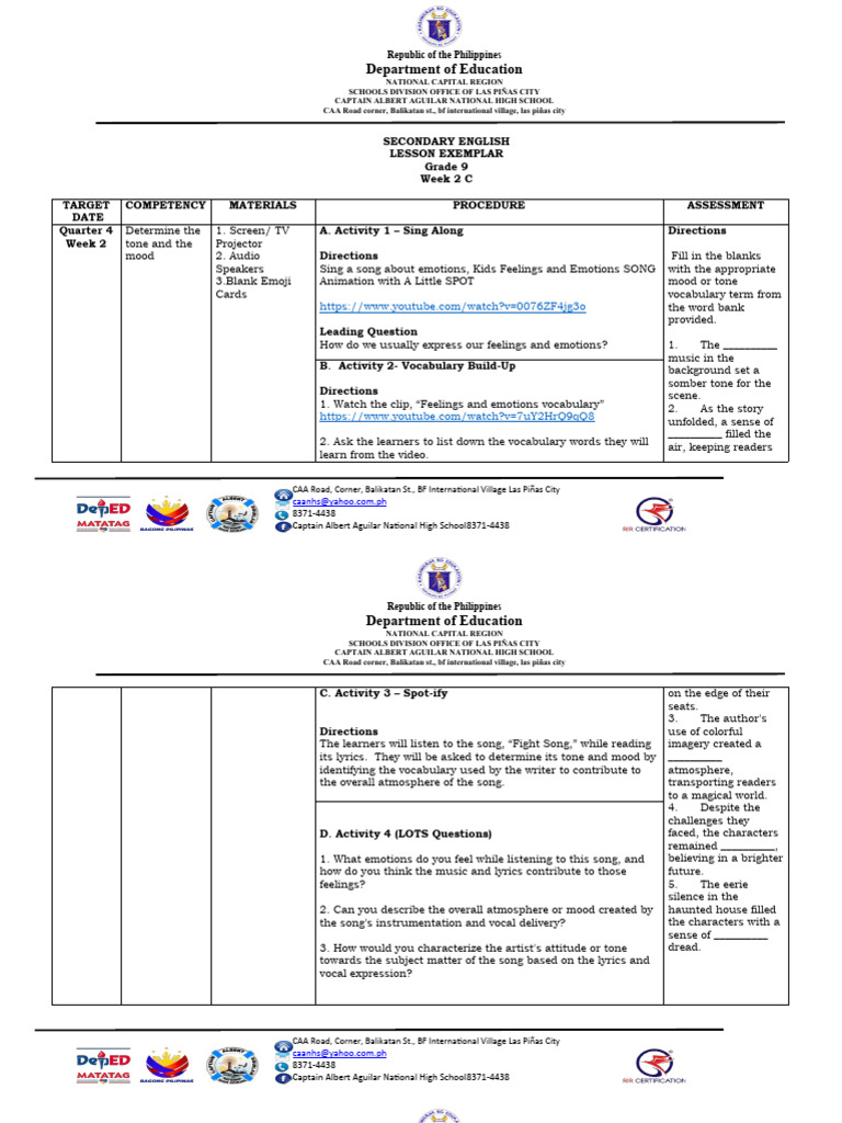 Grade 9 English Tone and Mood Lesson | PDF | Vocabulary