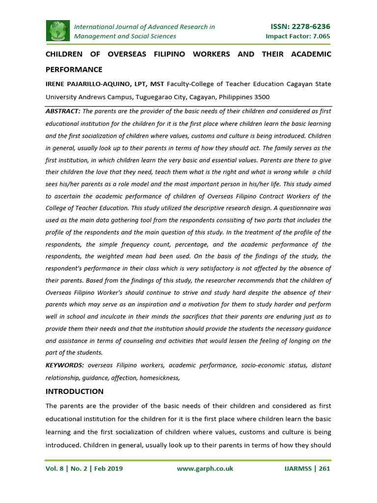 Children of Overseas Filipino Workers and Their Academic Performance ...