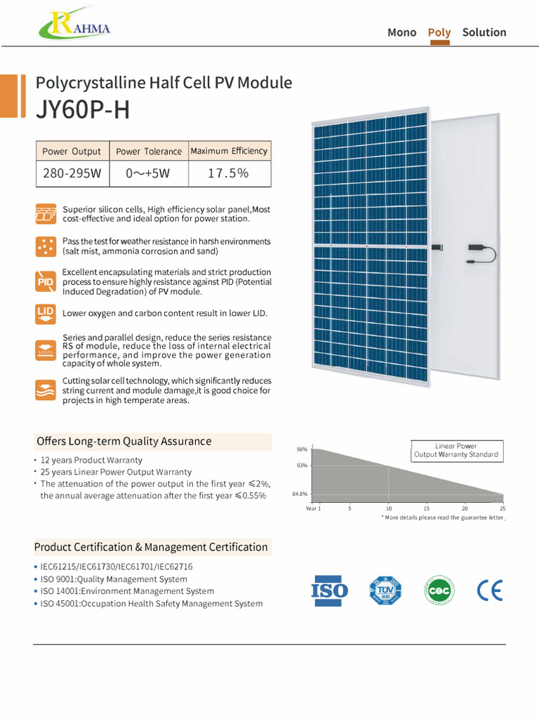 JY60P-H: Polycrystalline Half Cell PV Module | PDF | Solar Panel ...