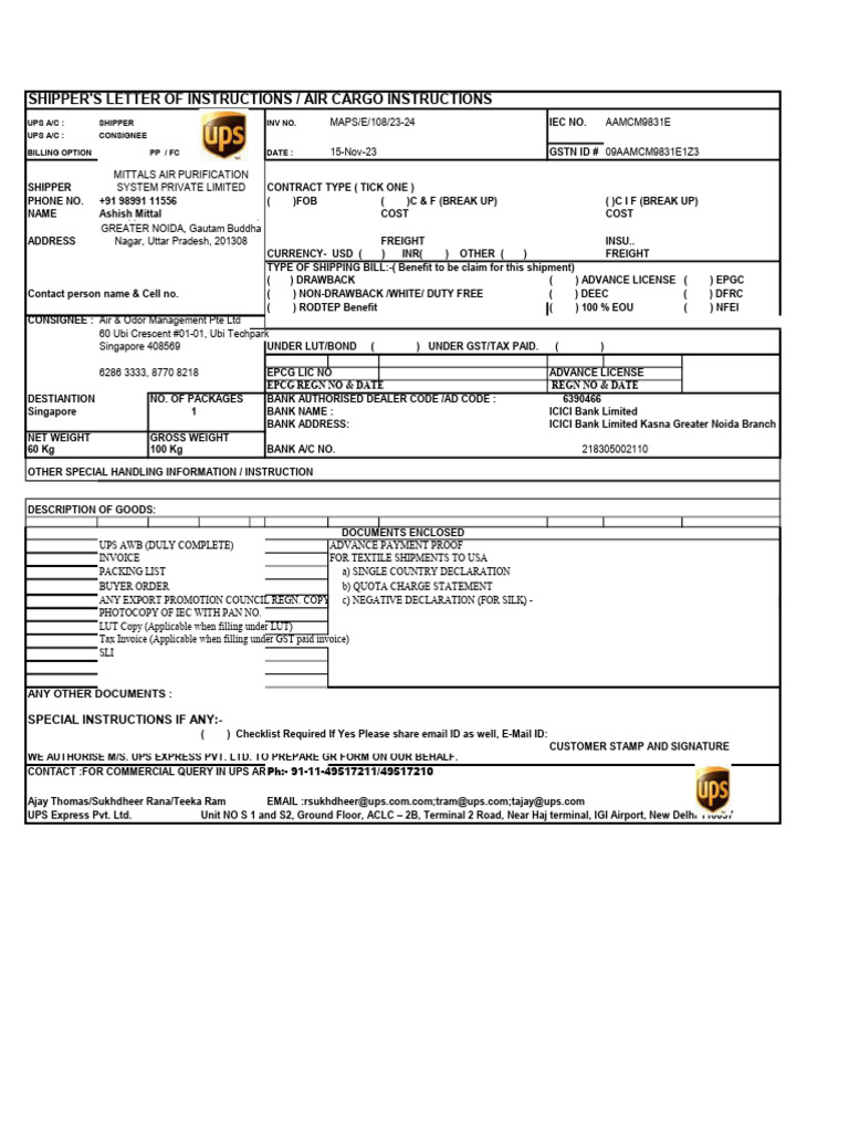 Shipper'S Letter of Instructions / Air Cargo Instructions | PDF | Cargo ...