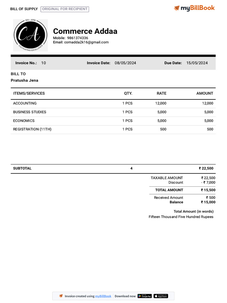 Invoice for Educational Services | PDF