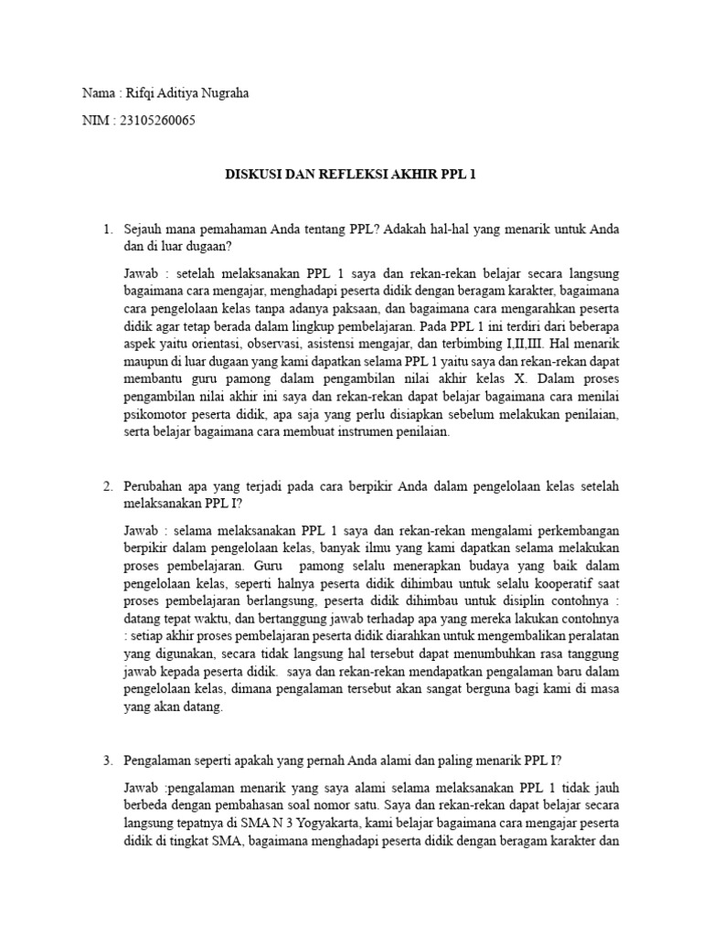 Refleksi PPL 1 di SMA N 3 Yogyakarta | PDF | Karier & Perkembangan ...