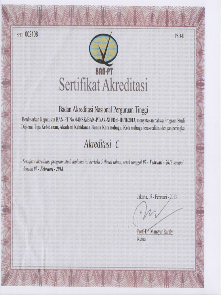 Sertifikat Akreditasi Akbid 2013-2018 | PDF