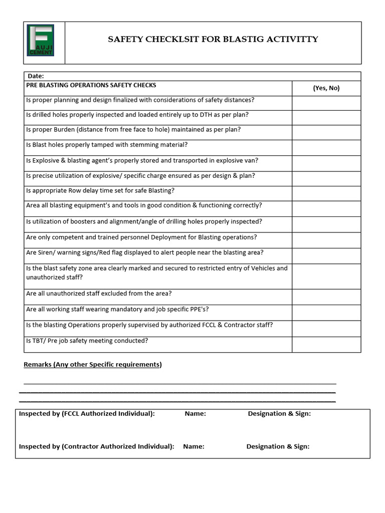 Safety Checklist For Blasting PDF