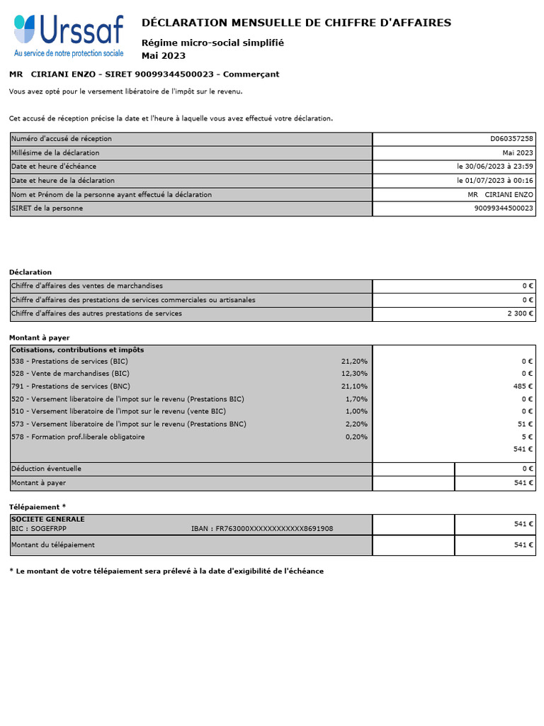 Déclaration URSSAF Mai 2023 | PDF | Impôt sur le revenu | Finances ...