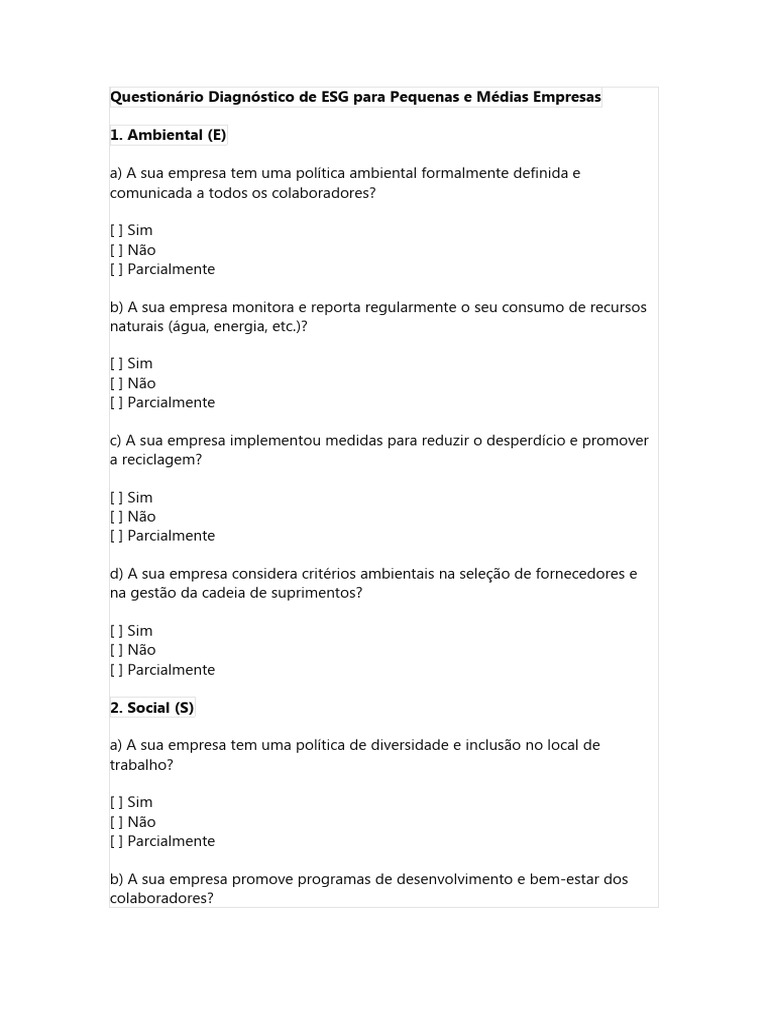 Questionário de Diagnóstico ESG PME | PDF | Negócios