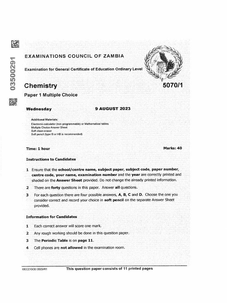 Chemistry 2023 Paper 1 Gce Pdf
