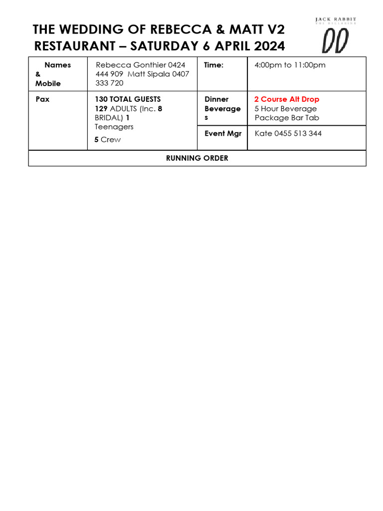 Wedding Run Sheet for Rebecca & Matt | PDF | Wedding | Bride