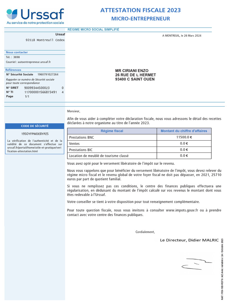 Attestation fiscale Urssaf 2023 | PDF | Impôt sur le revenu | Richesse