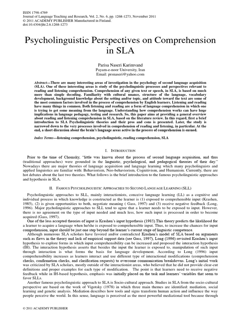 Psycholinguistic Perspectives On Comprehension in SLA: Parisa Naseri ...