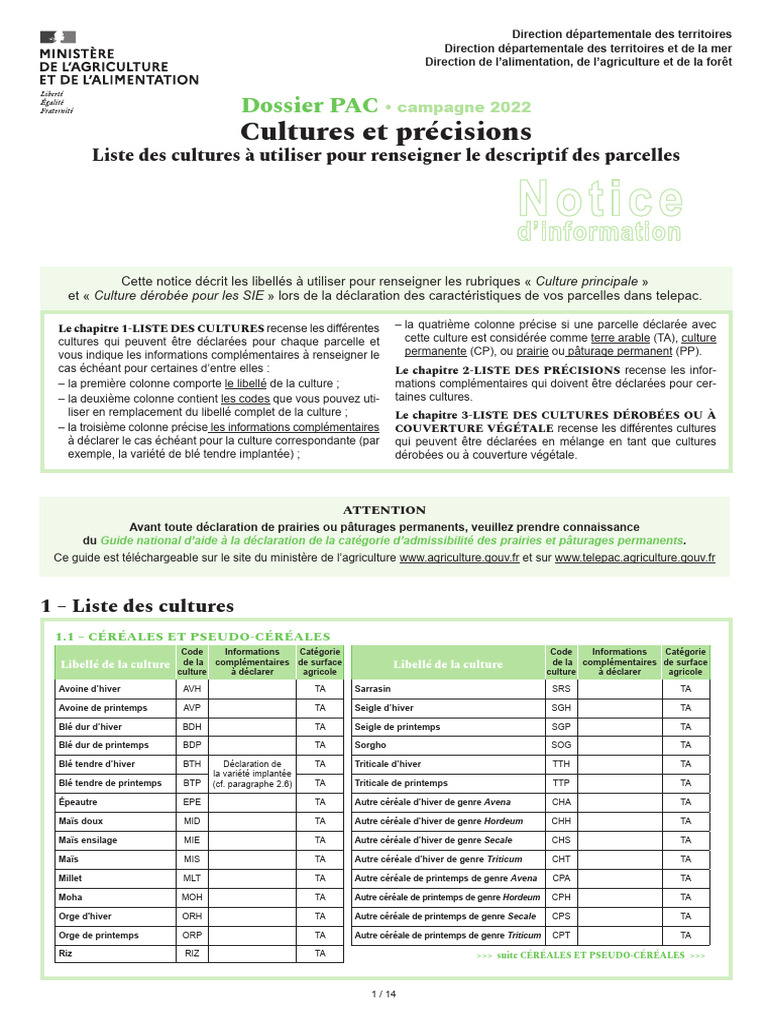 Liste des cultures pour déclaration PAC | PDF | Céréale | Fourrage