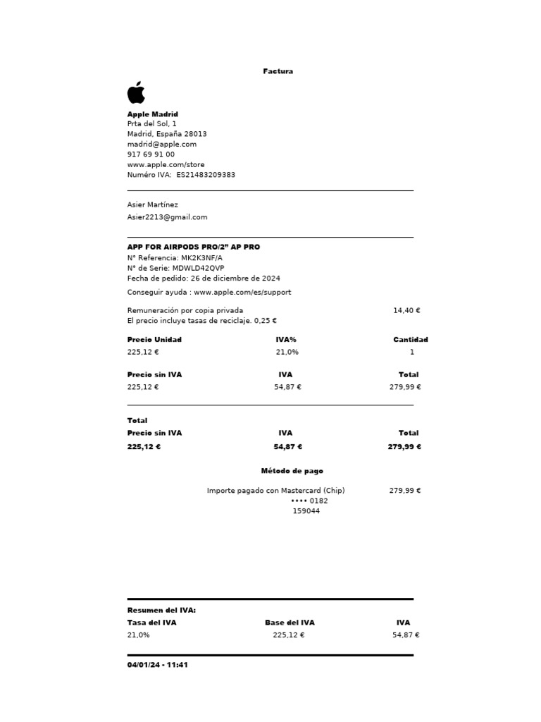 Factura Apple AirPods Pro 2 | PDF | Informática | Apple Inc.