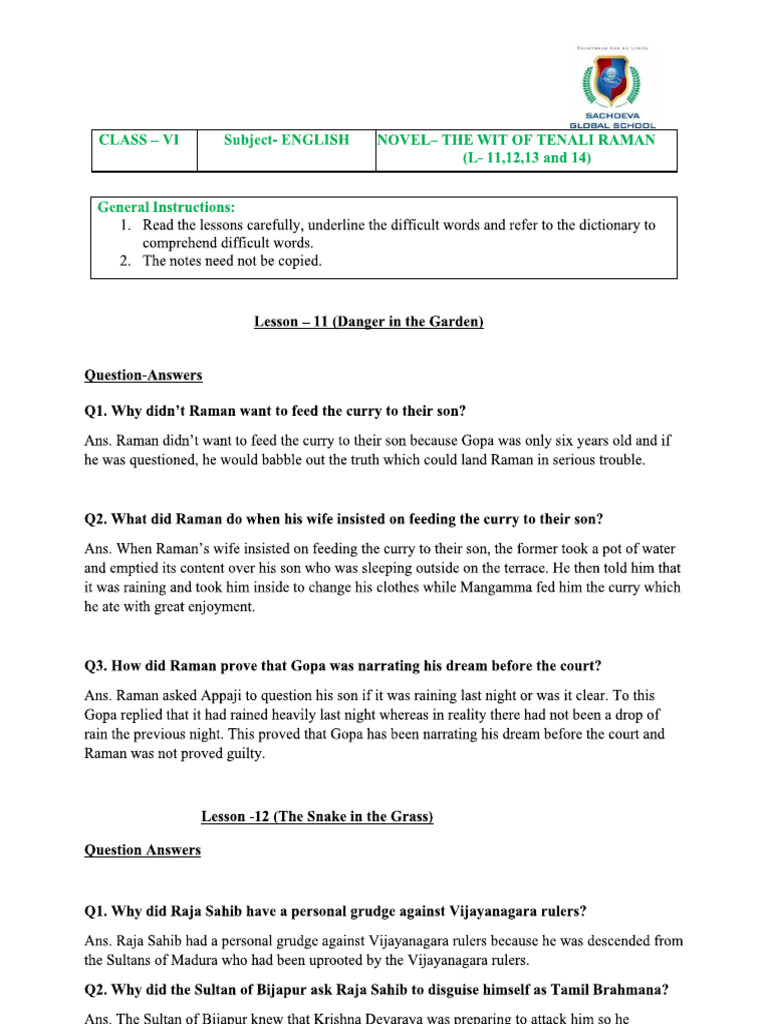 Class-VI English Notes-20 Novel - The Wit of Tenali Raman 11,12,13 and ...