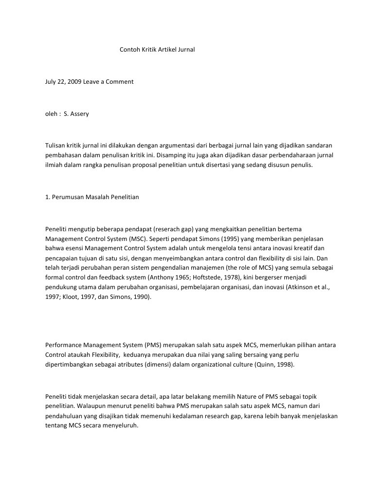 Contoh Kritik Artikel Jurnal