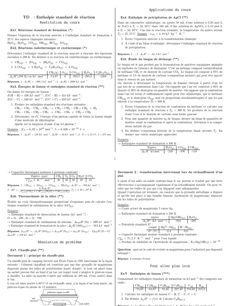 Enthalpies standard de réaction et formation | PDF | Enthalpie de ...