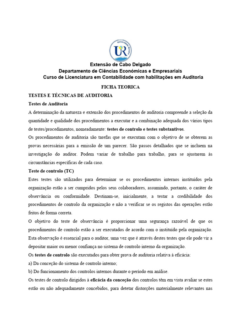 Testes e Técnicas de Auditoria | PDF | Avaliação de risco | Contabilidade