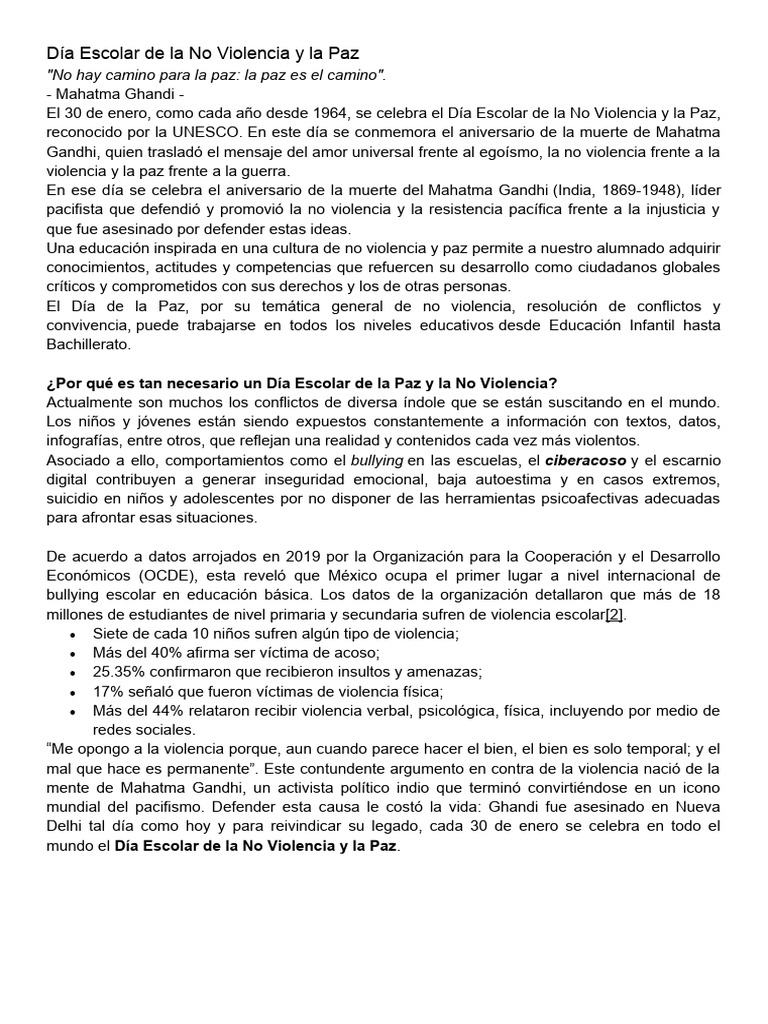 Día Escolar de la No Violencia y Paz | PDF | Violencia | Mahatma Gandhi