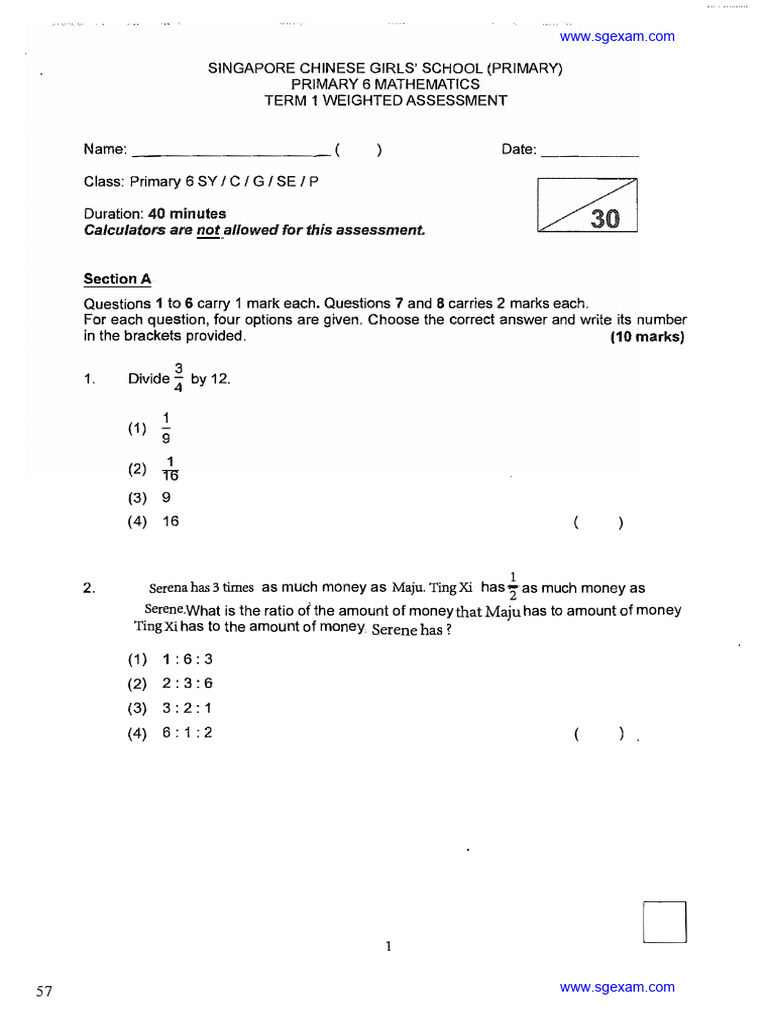 P6 Math Term 1 Weighted Assessment 2024 | PDF