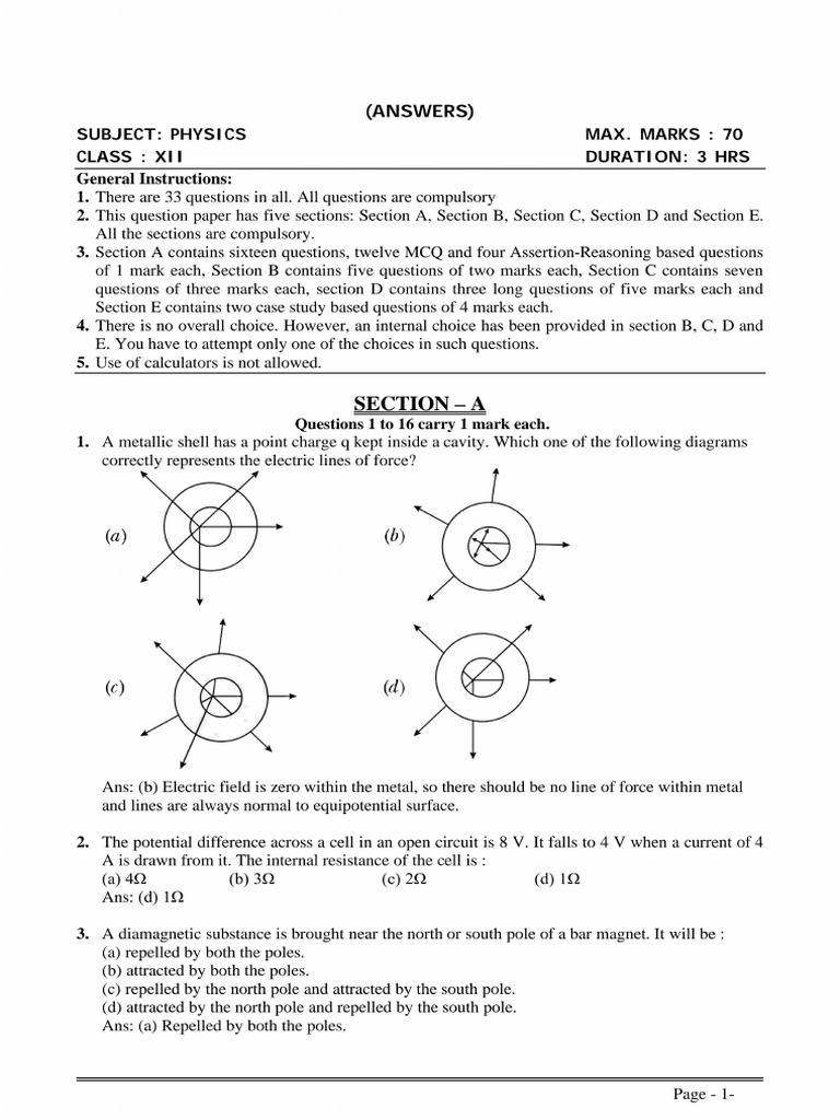 Physics Class Xii Sample Paper Test 08 For Board Exam 2024 Answers | PDF