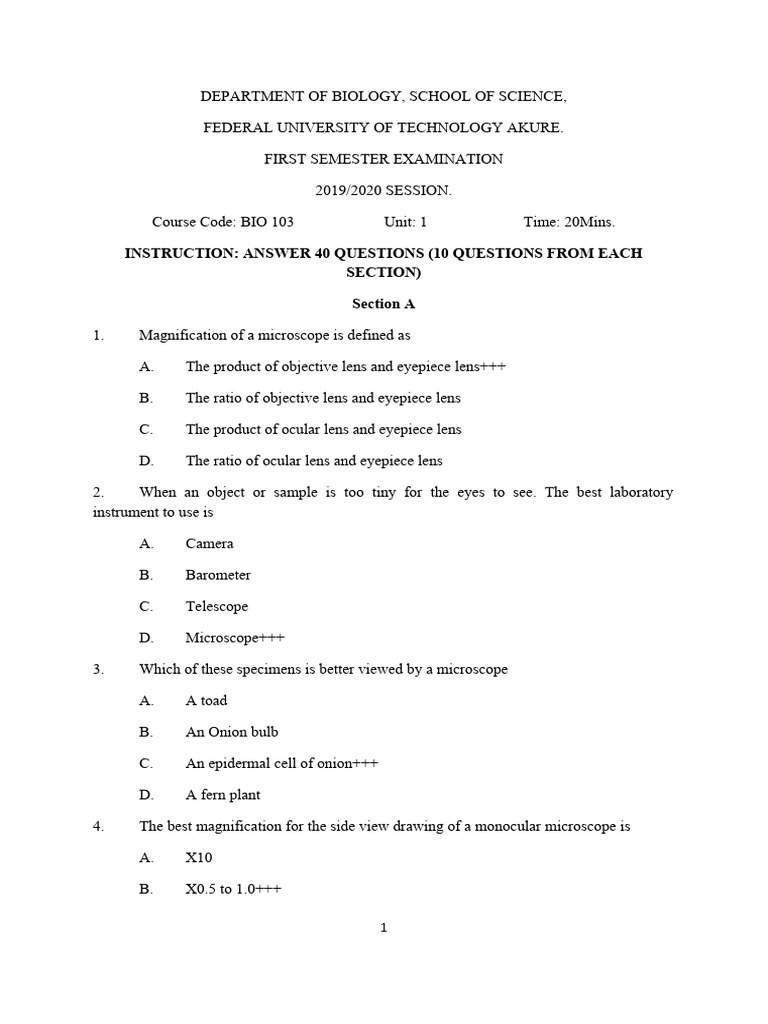 Bio 103 Cbe Questions 2021-1 | PDF | Microscope | Leaf