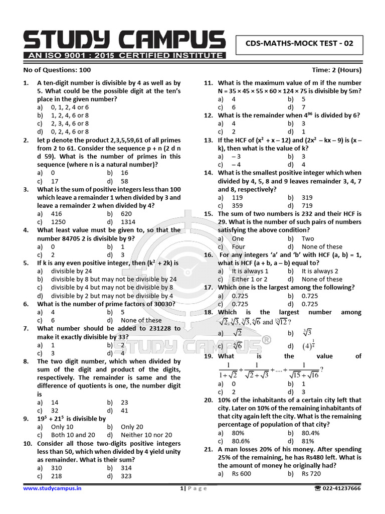 Math Mock Test for Classes 6-8 | PDF | Area | Circle