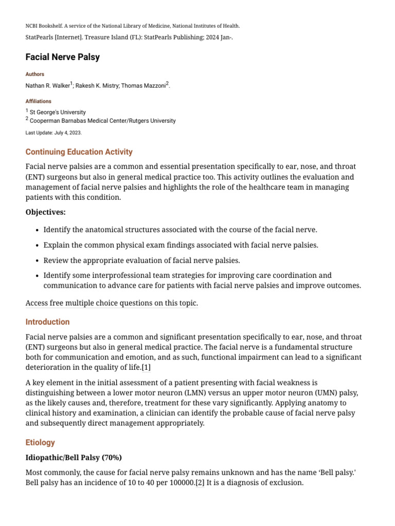 Facial Nerve Palsy - StatPearls - NCBI Bookshelf | Download Free PDF ...