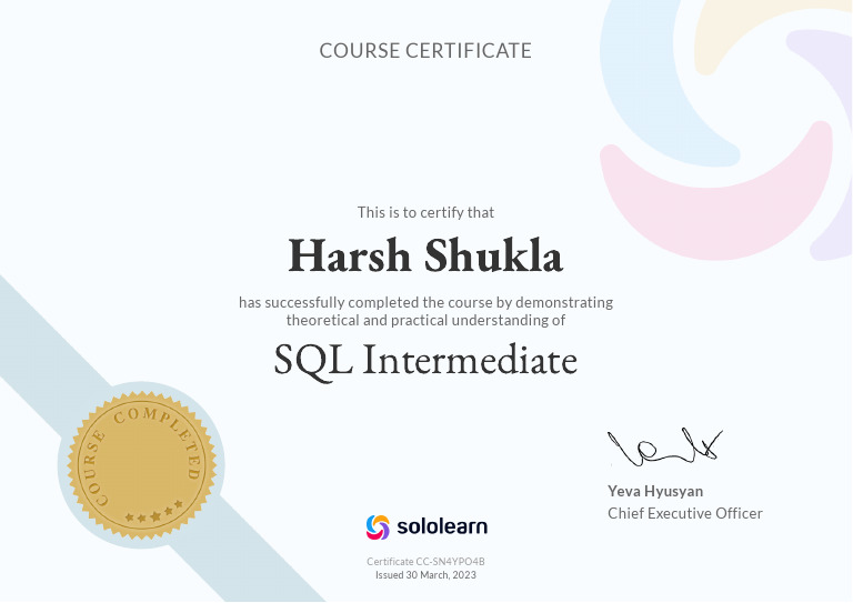 SQL Intermediate Course Certificate | PDF