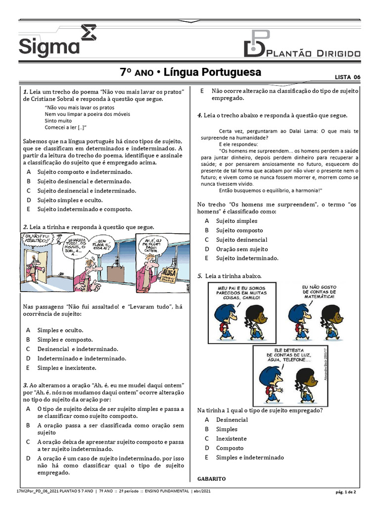 Tipos de Sujeito na Língua Portuguesa | PDF | Assunto (gramática ...