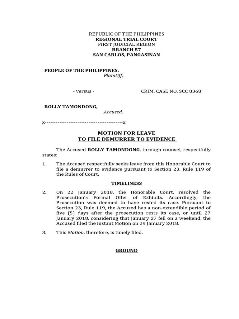 Motion For Leave of Court To File Demurrer Tamondong PDF Burden Of