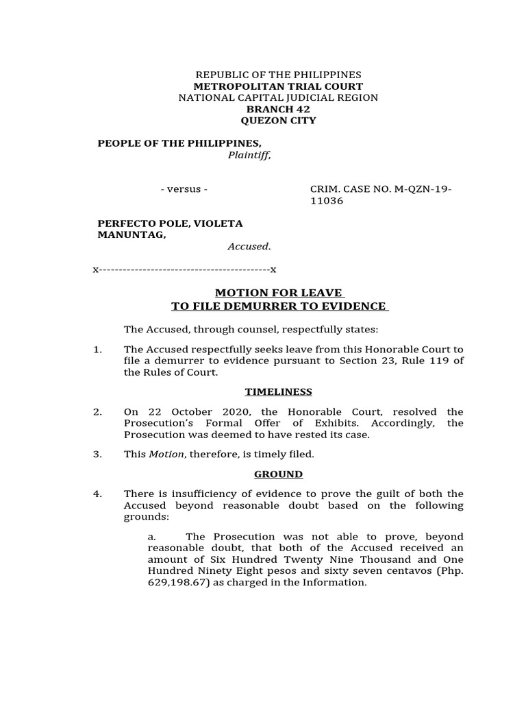 Motion For Leave of Court To File Demurrer Pole PDF Demurrer Motion For Leave of Court To File Demurrer Pole PDF Demurrer