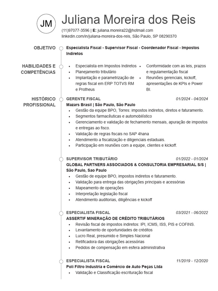 Juliana MoreiradosReis Currículo 5 | PDF | Impostos | Finanças ...
