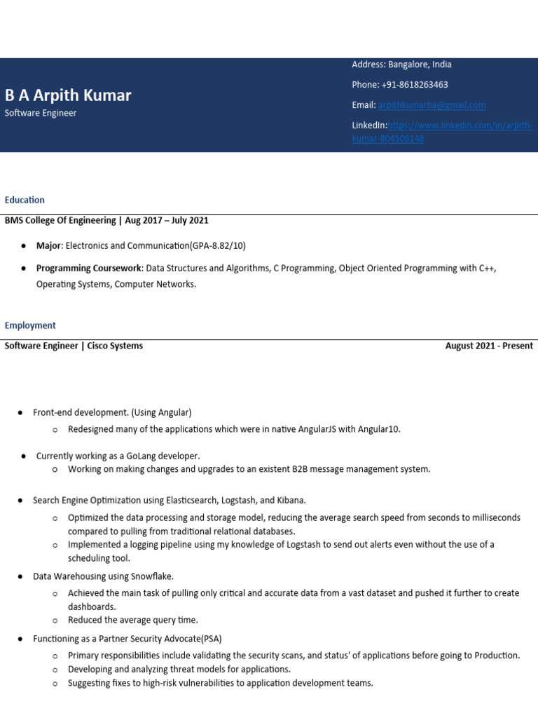 Arpith Resume (2022) | PDF | Automation | Compiler