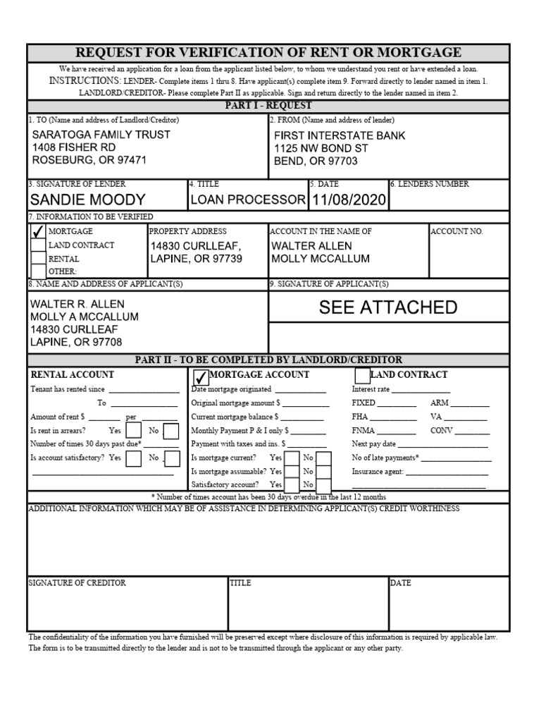 Rent or Mortgage Verification Form | PDF | Mortgages | Renting
