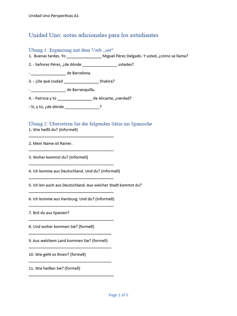 Unit 1 Student Notes Spanish Perspectivas A1 | PDF | Artes del Lenguaje ...