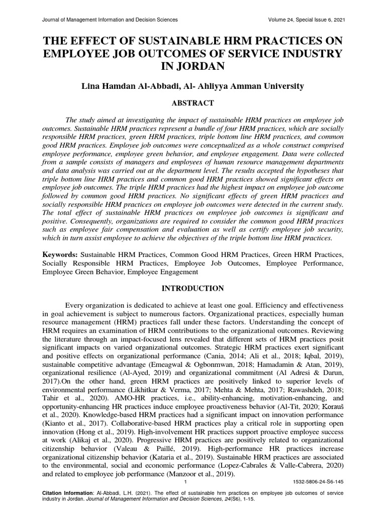 The Effect of Sustainable HRM Practices On Employee Job Outcomes of ...