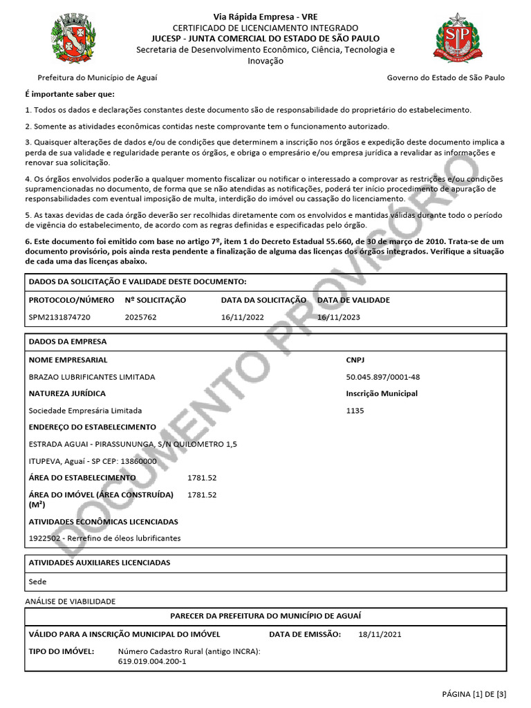 CERTIFICADO DE LICENCIAMENTO INTEGRADO VENCIMENTO 16 11 2023 PDF