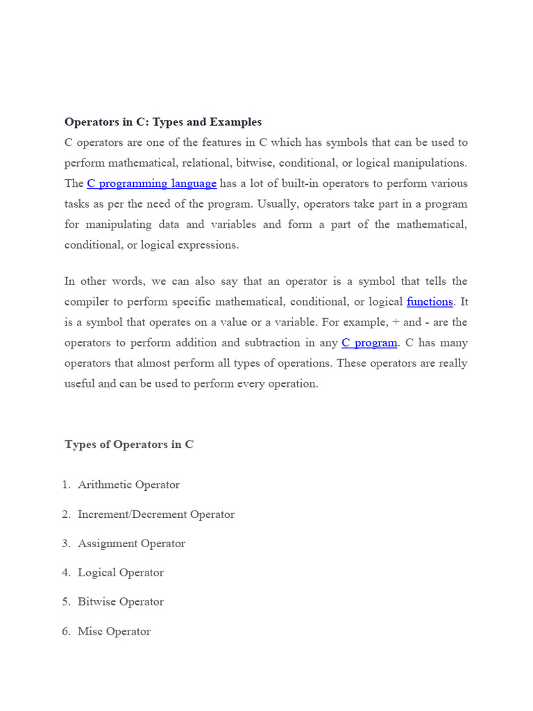 Operators in C | PDF | Arithmetic | C (Programming Language)