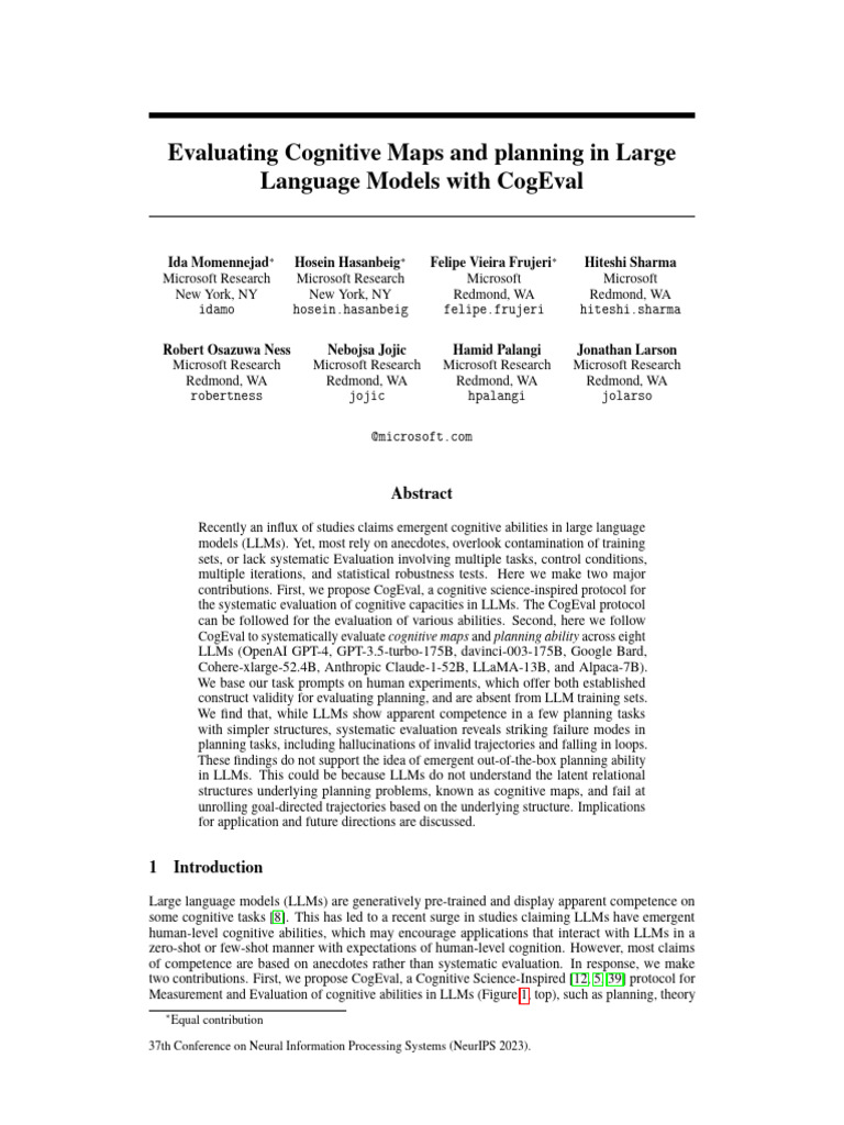 NeurIPS2023evaluatingcognitivemapsandplanninginlargelanguage