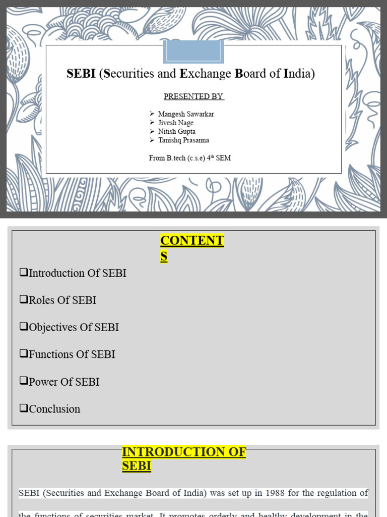 Overview of SEBI's Roles and Functions | PDF | Securities (Finance ...