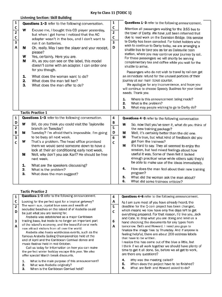 TOEIC Listening & Reading Practice Key | PDF