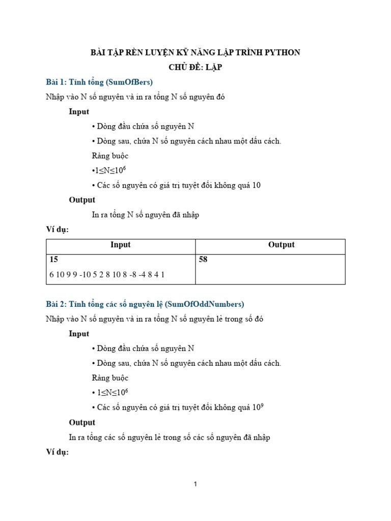 Bài Tập Rèn Luyện Kỹ Năng Lập Trình Python 1 | PDF