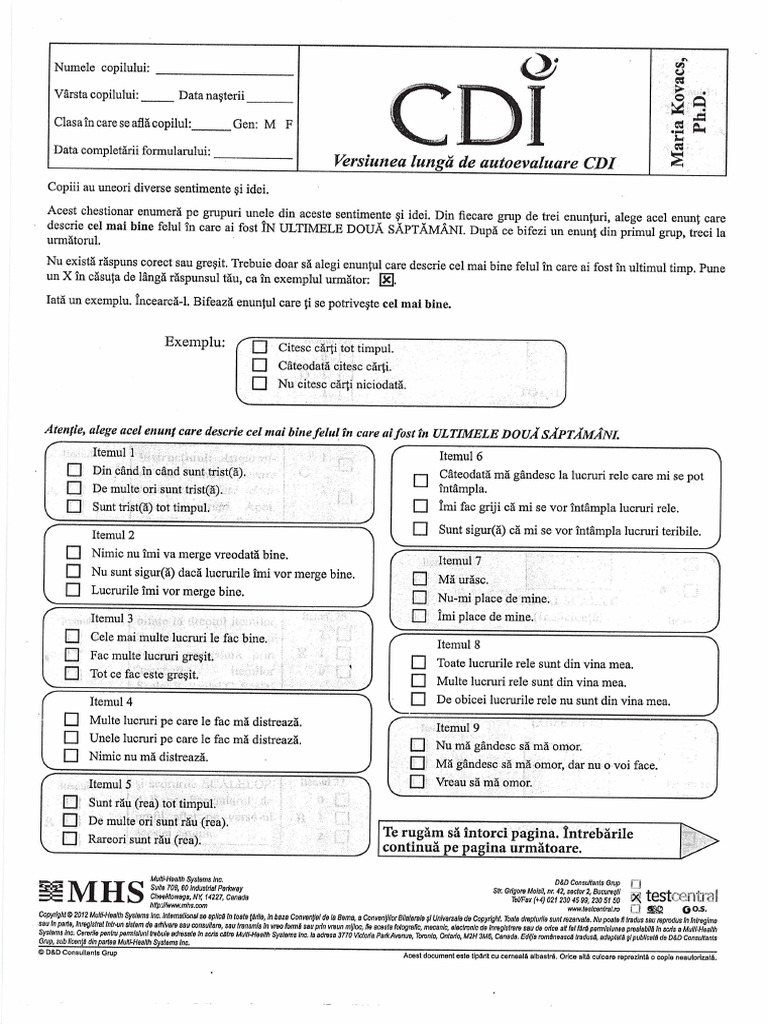 CDI - Depresie Copii (Forma Lunga) | PDF