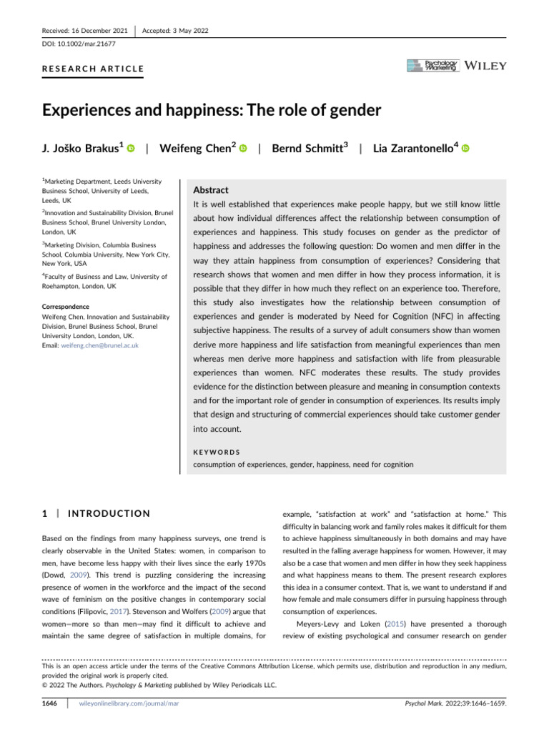 Experiences and Happiness The Role of Gender | PDF | Happiness ...