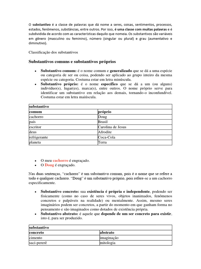 Classificação dos Substantivos | PDF | Substantivo | Linguística