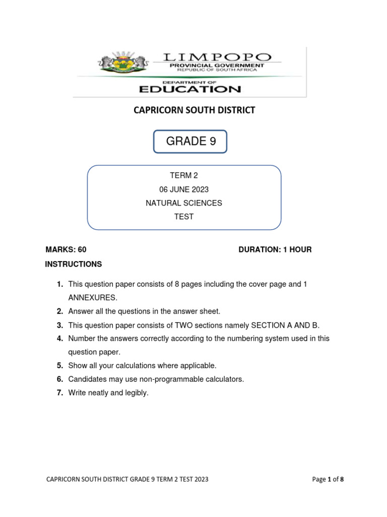 Grade 9 Natural Science Term 2 Test 2023 | PDF | Chemical Reactions ...
