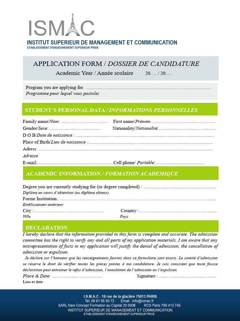 Formulaire d'Admission ISMAC | PDF